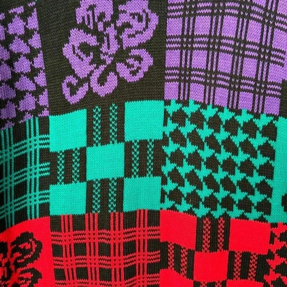 Vintage 80s Patchwork Sweater Womens M/L Colorful Relaxed Long Knit Pullover Top - Picture 12 of 15